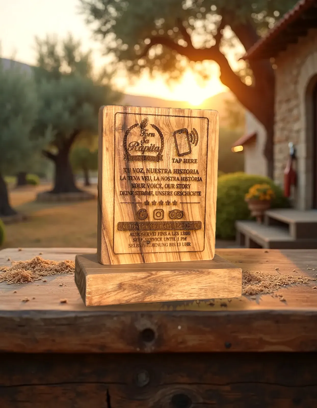 Placa de ullastre con chip NFC sobre un banco de trabajo en el campo mallorquín