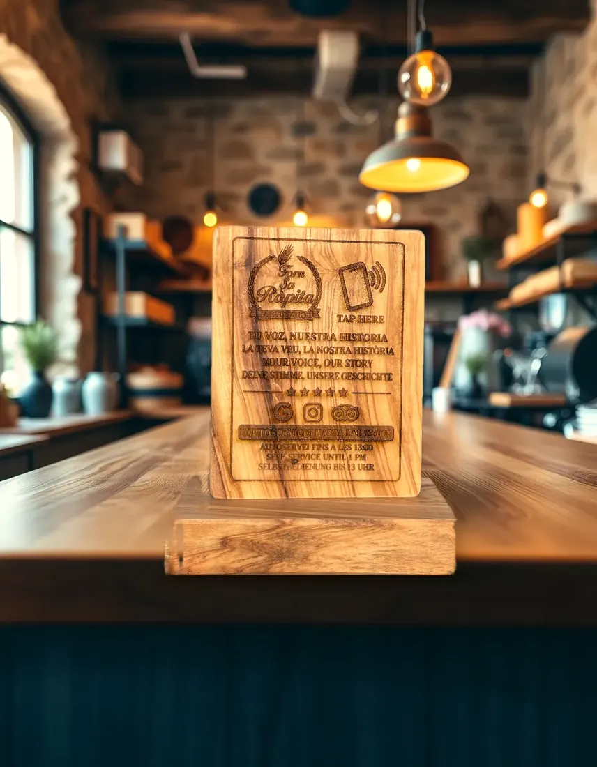 Placa de ullastre con NFC sobre la barra de una cafetería